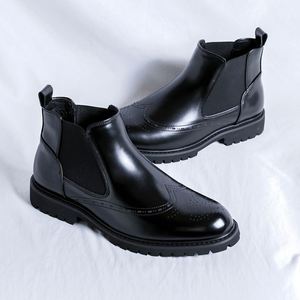Bottes Chelsea pour hommes, chaussures en cuir à tige haute, style business, brogues décontractées, bottes courtes pour hommes - Product Image 5