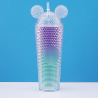 Cangkir tumbler plastik mickey akrilik anak-anak dinding ganda dengan tutup sedotan dengan tutup telinga ramah lingkungan botol mouse dapat digunakan kembali grosir