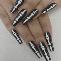 Ensemble de faux ongles gothiques en forme de cercueil, 24 pièces, design squelette noir et blanc, réutilisables, en acrylique, pour Halloween et usage quotidien
