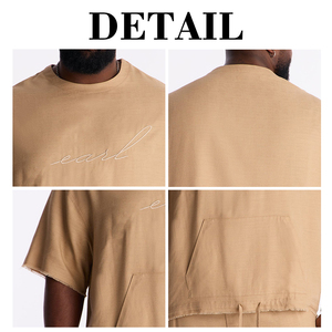 KingSen OEM Men's Breathable Linen <b>Blend</b> T Shirt Oversized Custom Embroidery Raw Edge Pocket Casual Tee Slub Cotton Streetwear - Product Image 6