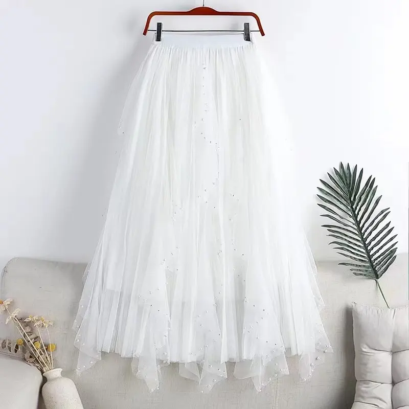 New 2023 Summer Hot Sale Elegant Style Womens Mesh Lace Long Skirt Bead Decoration Midi Pleated Skirt