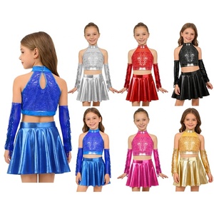 Robe de danse jazz pour filles, paillettes métalliques brillantes, style scène professionnelle, col halter, manches à franges, ensemble deux pièces ajusté, pour spectacle et récital enfantin - Product Image 1