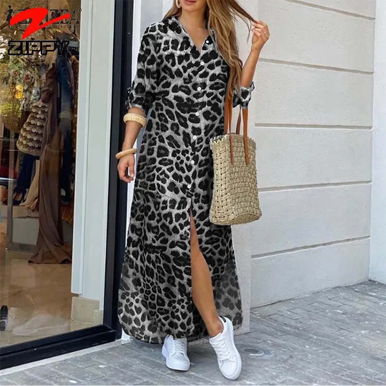 Womens Summer Fashion Leopard Print Dress Lapel Collar Long Sleeve Bohemian Beach Dress Suit Shirt Dresses