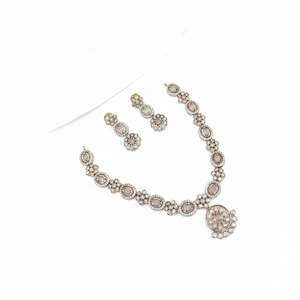 Super Quality Traditional Ethnic Antique Gold Plated Zircon Flower Design Necklace Earrings <b>Set</b> Maang Tikka Wedding Engagement - Product Image 2