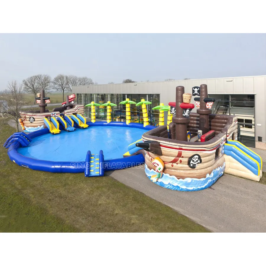 Kids N Volwassenen Giant Opblaasbare Water Park Op Grond Met 2 Piratenschip Slides Gemaakt Van Beste 0.55 N 0.9mm Pvc Zeildoek