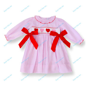 Abiti per Bambine con Colletto Arricciato in Vichy Rosa Personalizzati per San Valentino, Maniche Lunghe Primaverili con Fiocco <span class=keywords><strong>Laterale</strong></span> - Product Image 4