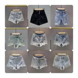 Shorts de Mezclilla de Cintura Alta para <span class=keywords><strong>Mujer</strong></span>, Transpirables, Estilo Vintage, con Elástico Rizado y Detalle Perforado, Color Lavado, Casuales para Verano - Product Image 4