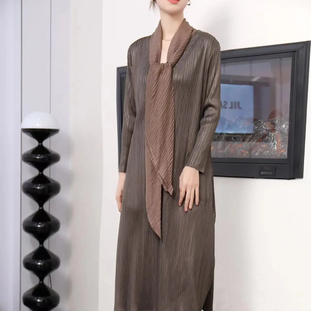 Stylish Miyake Pleated Trench Coat For Women Casual Dress Irregular Lapel High Waist Office Cardigan Long Coat