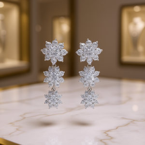 E1566 Pendientes colgantes de flor de oro blanco con engaste de circonita redonda para mujer, estilo romántico de boda - Product Image 2