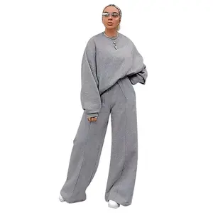 OEM Women Custom oversize girocollo 2 pezzi set donna felpa in pile di cotone set di pantaloni a gamba larga