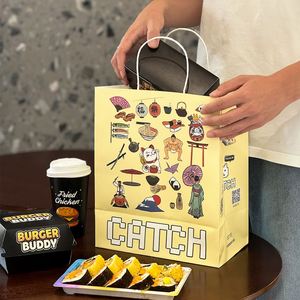 Custom Logo Printed Eco-Friendly Recyclable Kraft Paper <b>Bag</b> Handles for Takeaway Food Packaging Ramen Sushi - Product Image 5