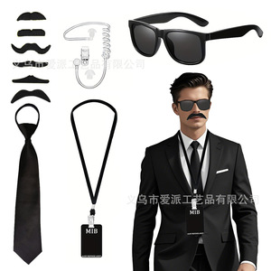 Conjunto de Disfraz de Agente Negro con Gafas, Corbata, Porta Tarjetas de Identificación y Auricular para Cosplay y Fiestas - Product Image 5