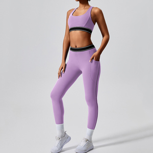 Femmes haut soutien taille <span class=keywords><strong>bande</strong></span> Fitness Leggings soutien-gorge ensemble doux Compression sans couture grande taille poche faite Spandex adultes - Product Image 2