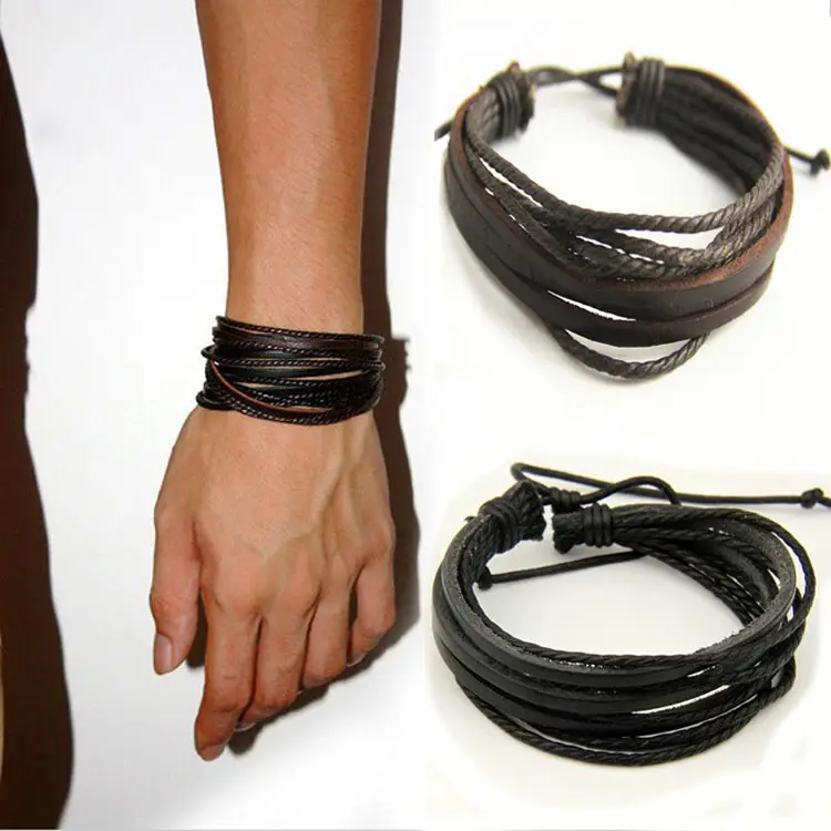 Pulsera de cuerda trenzada Vintage para hombre, brazalete de cuero, multicapa, barata