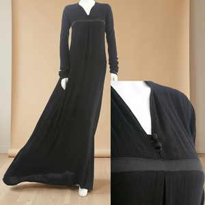 Robe Abaya A-ligne noire pure col en V Double bouton longue tissu de bambou écologique longue longueur pour dames robe traditionnelle - Product Image 3