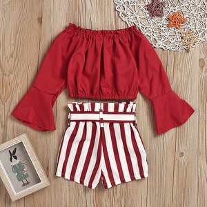 Conjunto de 2 piezas de ropa para niñas pequeñas, Tops de Color liso con volantes y hombros descubiertos + pantalones cortos a rayas, ropa para niñas recién nacidas, 2021 - Product Image 4