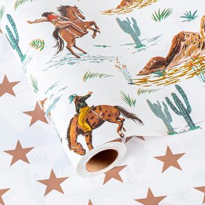 Papier cadeau réversible Homeral Cowboy 17 pouces x 16,5 pieds, motif cheval de rodéo et étoiles, pour garçons - Product Image 1
