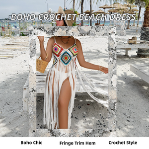 ชุดคลุมบิกินี่โครเชต์สไตล์โบฮีเมียนแบบชิ้นเดียว เซ็กซี่ แต่งชายระบาย  ชุดเดรสชายหาดสำหรับฤดูร้อนปี 2022 สำหรับผู้หญิง - Product Image 2