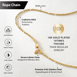 Cadena de Cuerda de 4mm, Resistente al Deslustre, Impermeable, con Eslabones Trenzados, Chapada en Oro de 18K, Collar Clásico de Acero Inoxidable de Primera Calidad para Hombres y Niños Unisex - Product Image 6