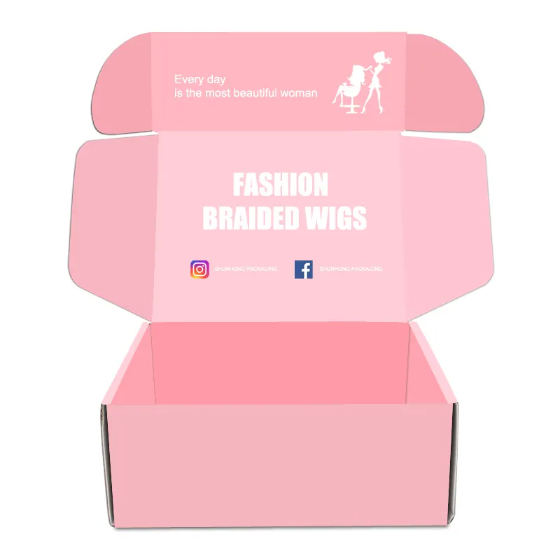 مخصص الوردي صندوق ورقي الملابس التعبئة الباروكة سلة مجاني صندوق الأظرف البريدية التعبئة والتغليف مع شعار