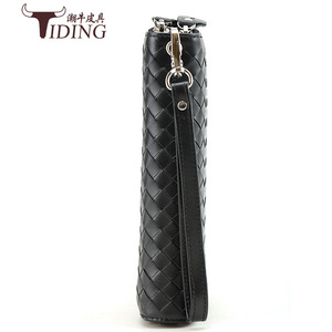 Tiding Woven Leather <b>Long</b> Wallet Double Zipper Unisex Clutch <b>Bag</b> Black 4009-2 - Product Image 4