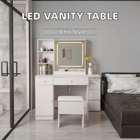 Ensemble table de maquillage moderne en MDF rose coiffeuse à 13 tiroirs miroir sur pied éclairé par LED pour la chambre à coucher et le salon