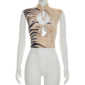 Viviblook C26TP056 Débardeur d'été sexy imprimé à lacets et col montant sans manches pour femme - Product Image 2