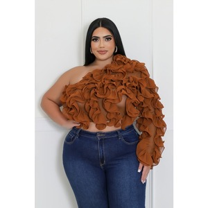 Top da Donna Asimmetrici Casual in Rete di Tulle a Tinta Unita, Camicetta in Chiffon con Maniche Lunghe a Sbuffo e Volant a Strati, Tunica <span class=keywords><strong>Taglie</strong></span> Forti da Donna - Product Image 6