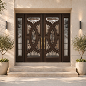 Puertas de Entrada Contemporáneas de Madera Sólida con Diseño de Vidrio Teñido, Puerta Exterior Manual Abatible con Acabado para Villa o Apartamento - Product Image 1