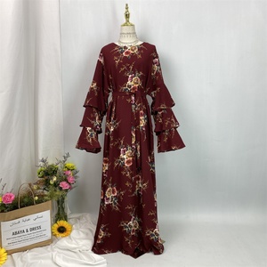 Large Discount Women Dress Pretty Red Three Layers Sleeves With Flowers Print Fashion Muslim Islamic Women <b>Abaya</b> Dress 9071# - Product Image 3