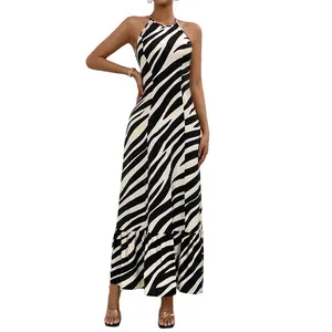 Wholesale Women's Casual Long Dress Halter Neck Backless Zebra Striped Ruffle Hem Sleeveless Dress