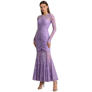 Nuevo <span class=keywords><strong>vestido</strong></span> de noche francés para mujer 2026, con cuello redondo, manga larga, plisado, entallado y adelgazante, de color liso. - Product Image 1