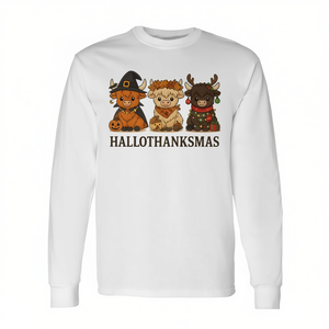 Camiseta de manga larga con diseño de ternos de vacas Highland de Hallothanksmas, diseño de Halloween y Acción de Gracias - Product Image 2