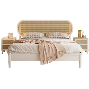 French Style Cream Solid Wood Rattan <b>Bed</b> 1.8m <b>Double</b> Platform <b>Bed</b> For Bedroom Homestay - Product Image 3