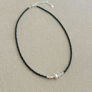Dylam Specially Design S925 Silver Rhodium Plated <b>Small</b> Bead Beaded Black Onyx Crystal Pearl Pendant <b>Necklace</b> for Women Girls - Product Image 4