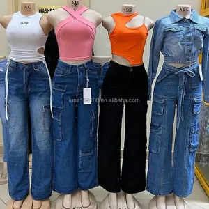Calça jeans feminina multi bolso versátil de cintura alta, calça casual larga larga larga, novidade de venda imperdível para mulheres, novidade de 2024