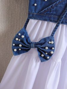 Wholesale Girls' Solid Short-sleeve <b>Patchwork</b> Petticoat With Beaded Denim Suspender Vest and Bag Girls Clothing Set 4-7Y - Product Image 4