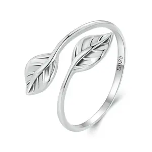 Good Quality Birthday Gift Jewelry 925 Sterling Silver Women Simple Plain Double Leaf Ring