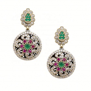 Bijoux fantaisie, boucles d'oreilles pendantes géométriques en émeraude et rubis, laiton plaqué or rose, unisexe, anniversaire - Product Image 3
