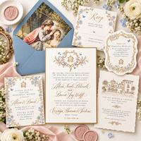 Suite d'invitations de mariage personnalisées bleues à motifs floraux avec dorure à chaud, impression typographique, sceau de cire et carte RSVP – Fabricant, Vente en gros