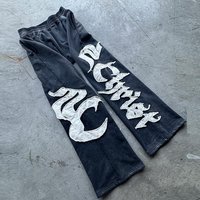 Pantalon de survêtement évasé avec patch brodé effet vieilli, respirant, fermeture à cordon de serrage, délavé soleil, délavé à l'acide, 100% coton épais, taille mi-haute