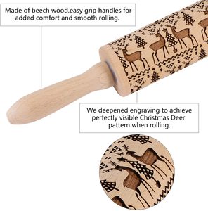 Rouleau à <span class=keywords><strong>pâtisserie</strong></span> en bois de Noël en relief gravé au laser 3D pour la fabrication de pâtes à biscuits - Product Image 3