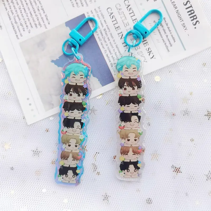 Customized cartoon anime acrylic charms keychain rainbow holographic epoxy resin keychains transparent kawaii charms