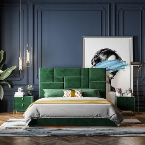Barra de luxo com design moderno, tecido de veludo com design moderno e veludo, verde, queen, cama, moldura de plataforma, cama, itens, hotel, quarto, móveis
