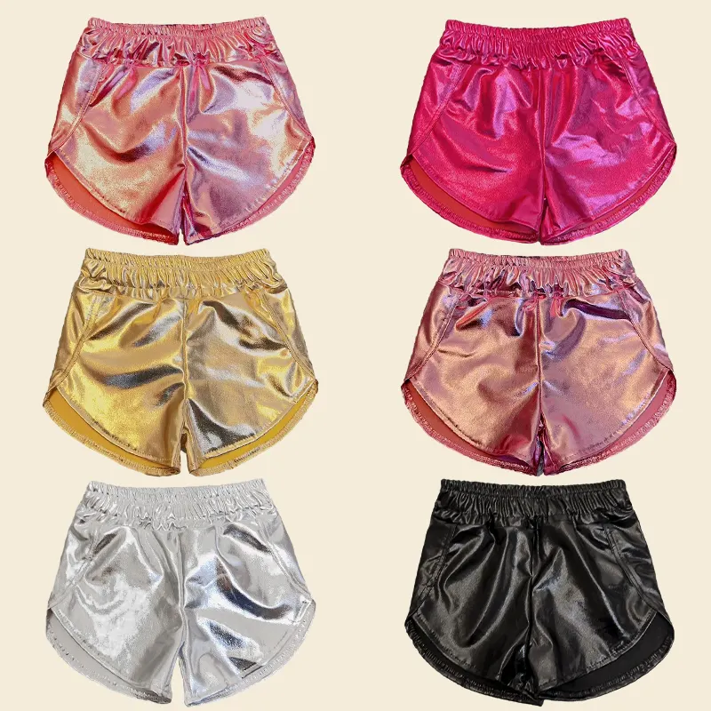 New Arrived Metallic Shine Leather Fabric Baby Girls Shorts Solid Color High Waist Fashion Kids Baby Casual Shorts