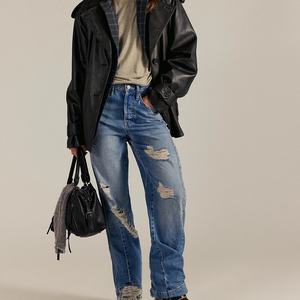 Jeans de cintura alta transpirables con bordado y diseño de dibujos animados, lavado claro, estilo casual - Product Image 1