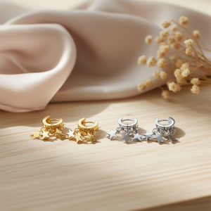 Orecchini a Cerchio con Stelle a Tre e Cinque Punte in Oro e Argento Acero 6mm 12 Pezzi - Product Image 3