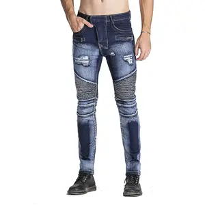 Custom Biker Jeans Men Casual Washed Cotton Fold Skinny Ripped Jeans Hip Hop Elasticity Slim Denim Pants