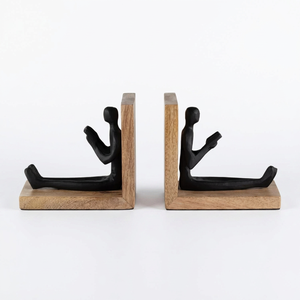 AK Brass Metal Reading Man Figurine on Wood <b>Bookends</b> in Black Finished Set of 2 For Library Decor / Room Decor - Product Image 5