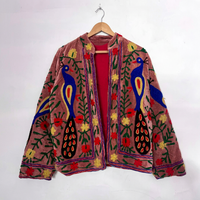 Jaket Beludru Vintage Bordir Tangan Kerah Mandarin Lengan Panjang Motif Bunga Merak Longgar Kasual Musim Gugur